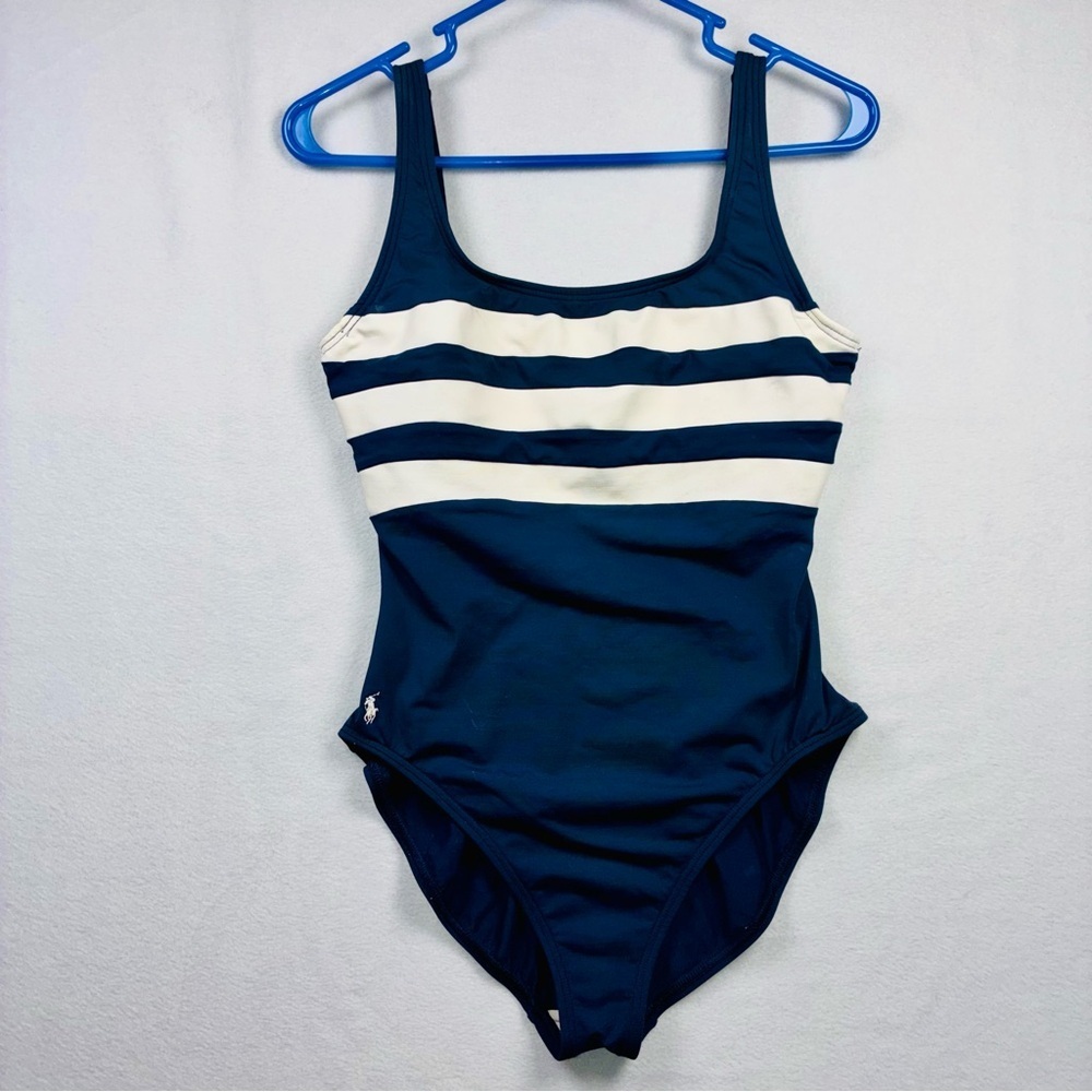 Ralph Lauren Sport Swimsuit Approx Medium Blue White Stripe Vintage Y2K Preppy